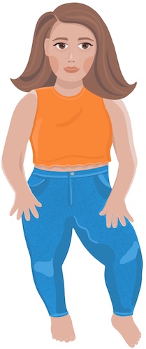 Drawing of a low-grown woman in an orange t-shirt and jeans.