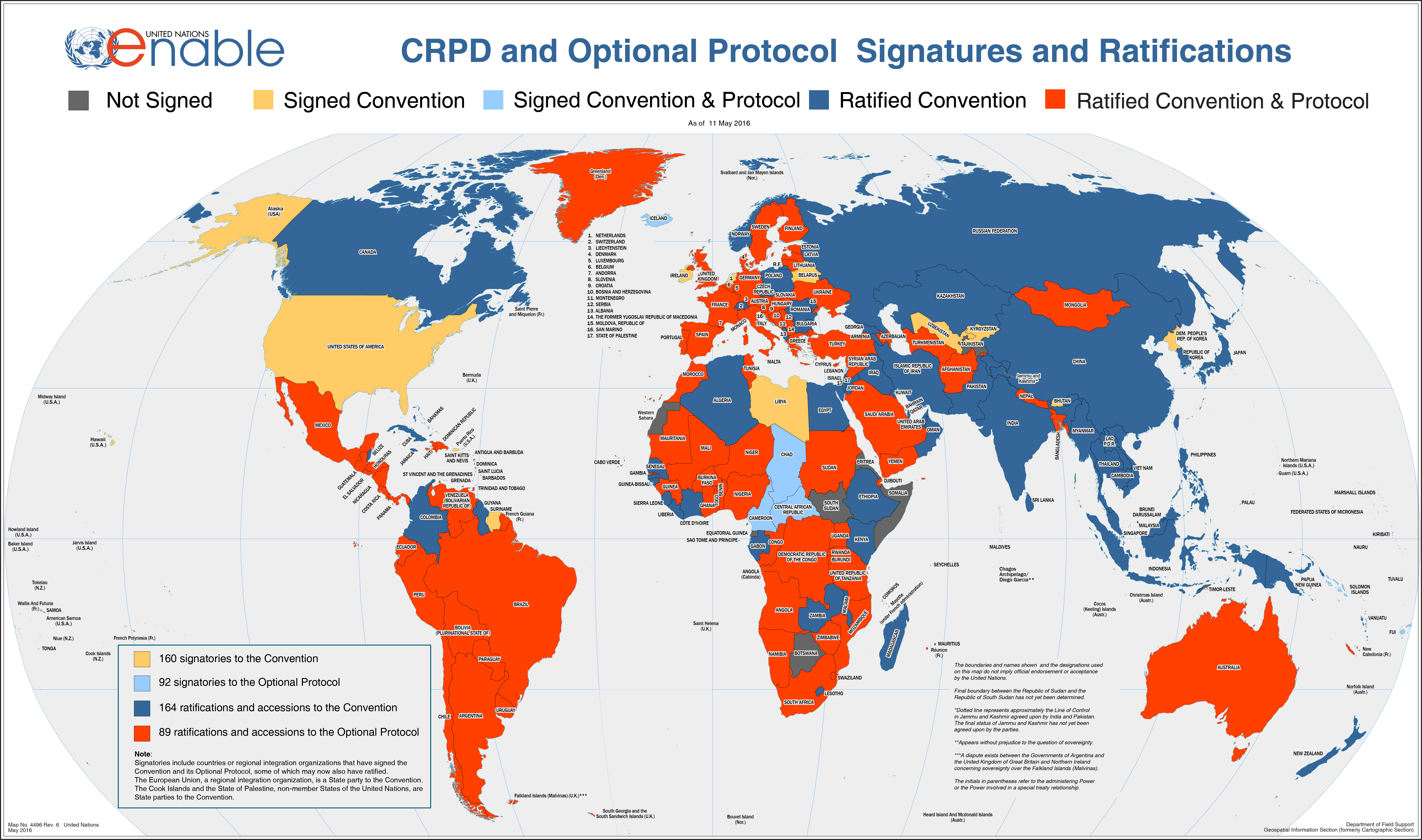 Mapa świata pokazująca kraje które ratyfikowały konwencję ONZ o prawach osób z niepełnosprawnościami. Pojedyncze białe plamy, większość krajów przyjęło konwencję w mniejszym lub większym zakresie.