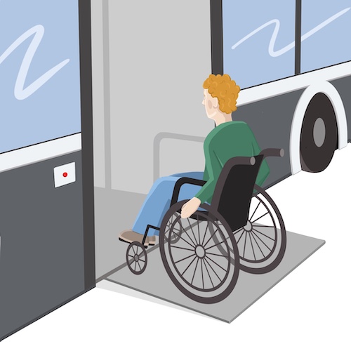 Rysunek chłopca na wózku inwalidzkim wjeżdżającego po platformie do autobusu.