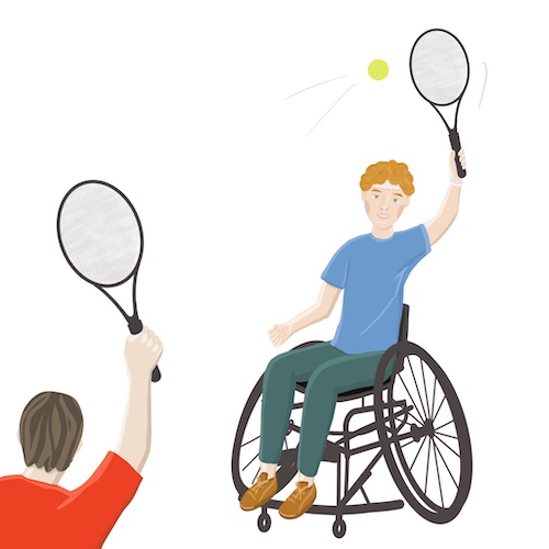 Rysunek dwóch osób grających w tenisa. Jeden z graczy siedzi na wózku inwalidzkim.