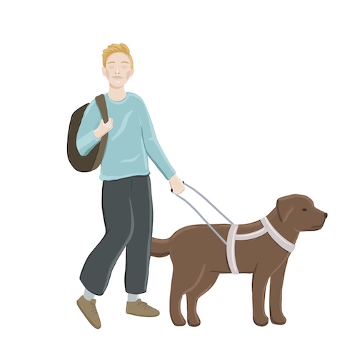 A drawing of a standing boy with his eyes closed holding a guide dog on a harness.