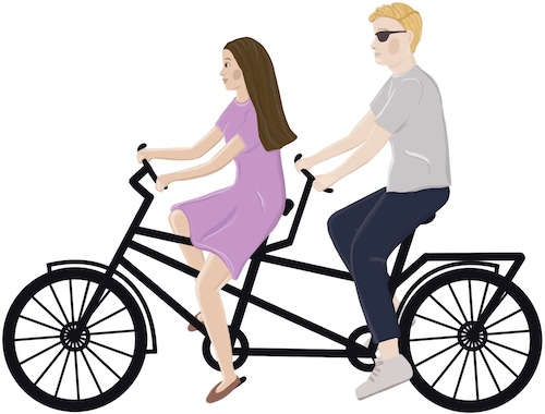 A drawing showing a man and a woman riding on a tandem. The man sitting at the back is wearing dark glasses.