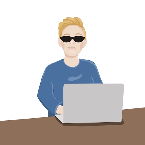 Rysunek niewidomego chłopca siedzącego przed otwartym laptopem